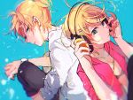  1boy 1girl black_bra black_pants blonde_hair blue_background bra brother_and_sister collarbone earphones flat_chest floating_hair green_eyes hair_ornament headphones kagamine_len kagamine_rin looking_at_viewer makoji_(yomogi) nail_polish open_clothes open_shirt pants parted_lips pink_nails pink_shirt shirt short_hair siblings simple_background sweater underwear vocaloid watch watch white_sweater 