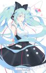  1girl :d arms_behind_back black_bow blue_eyes blue_hair blue_necktie bow cowboy_shot eyebrows_visible_through_hair floating_hair hair_between_eyes hair_bow hatsune_miku headphones highres long_hair magical_mirai_(vocaloid) necktie open_mouth perri_(mnemosine) shirt shor_tnecktie simple_background sleeveless sleeveless_shirt smile solo standing very_long_hair vocaloid white_background white_legwear white_shirt 