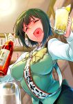  :d ^_^ ^o^ alcohol beer beer_mug blush bow closed_eyes drunk green_hair heart heart_in_mouth highres idolmaster mole mole_under_mouth momo_no_suidou-sui open_mouth otonashi_kotori restaurant sash short_hair smile 