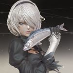  3d animal_request black_hairband blue_eyes cleavage_cutout feather-trimmed_sleeves fish fish_request gloves gradient gradient_background hairband leslyzerosix lips nier_(series) nier_automata no_blindfold parted_lips short_hair silver_hair solo white_hair yorha_no._2_type_b 