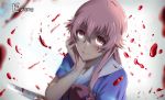  1girl artist_name blood blood_on_face bloody_knife blue_shirt bow bowtie chin_rest collarbone eyebrows_visible_through_hair gasai_yuno hair_between_eyes highres holding holding_knife knife long_hair mirai_nikki pink_bow pink_bowtie pink_hair shirt smile solo upper_body 