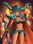  1girl armor bikini_armor breasts cleavage dark_dream_(dq6) demon_girl double-blade dragon_quest dragon_quest_vi dragon_quest_x faulds female fire genderswap genderswap_(mtf) gloves helmet horned_helmet long_hair midriff pauldrons red_eyes red_skin smile solo under_boob ur_(wulfa) white_hair 