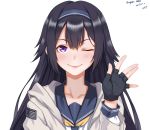  1girl absurdres black_hair blush character_name commentary commentary_request dated fingerless_gloves girls_frontline gloves highres hood hooded_jacket jacket long_hair looking_at_viewer one_eye_closed simple_background smile solo super_sass_(girls_frontline) violet_eyes waving zui_ai_shuang_mawei 
