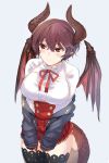  1girl black_legwear breasts brown_hair dragon_tail dragon_wings ganesagi granblue_fantasy grea_(shingeki_no_bahamut) horns large_breasts red_eyes school_uniform shingeki_no_bahamut short_hair tail thigh-highs wings zettai_ryouiki 