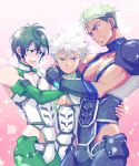  3boys armor blush bodysuit boy_sandwich brown_eyes bulge dark_skin dark_skinned_male earrings elbow_gloves embarrassed ez_do_dance fingerless_gloves gloves gradient gradient_background green_eyes green_gloves green_hair hair_between_eyes hug jewelry king_of_prism_by_prettyrhythm kougami_taiga multiple_boys neon_trim nishina_kazuki pectorals pink_background pretty_rhythm sandwiched smile smirk sparkle spiky_hair toroi_(to61061061) undercut violet_eyes white_hair yamato_alexander 