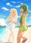  2girls :d :o arm_up azaiogi back bangs bare_arms beach bikini blonde_hair blue_sky blush braid clouds day floral_print flower french_braid full_body green_eyes green_hair hair_flower hair_ornament highres lillie_(pokemon) low_twintails mallow_(pokemon) multiple_girls navel open_mouth pokemon pokemon_(anime) pokemon_(game) pokemon_sm pokemon_sm_(anime) sky smile strapless swept_bangs swimsuit tubetop twintails waving wavy_mouth 