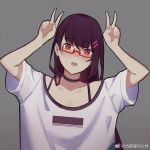  1girl arms_up bespectacled bright_pupils casual choker double_v eyebrows_visible_through_hair fu_nengliang_jiegeti girls_frontline glasses grey_background hair_ornament hairclip long_hair looking_at_viewer off-shoulder_shirt open_mouth purple_hair red-framed_eyewear red_eyes semi-rimless_glasses shirt short_sleeves simple_background sketch solo t-shirt under-rim_glasses upper_body v wa2000_(girls_frontline) watermark weibo_username white_pupils 