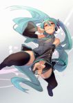 1girl absurdly_long_hair aqua_eyes aqua_hair boots detached_sleeves fang fu-ta hatsune_miku headphones index_finger_raised long_hair looking_at_viewer nail_polish necktie skirt solo thigh-highs thigh_boots twintails uneven_eyes very_long_hair vocaloid 