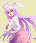  00tea 1girl animal_ears blush long_hair looking_back open_mouth purple_hair rabbit_ears red_eyes reisen_udongein_inaba simple_background solo touhou very_long_hair 