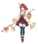  1girl atelier_(series) atelier_sophie blue_legwear brown_eyes brown_hair brown_shoes choker corset full_body holding holding_staff lantern looking_at_viewer purple_skirt ryuuno6 shoes short_hair skirt smile solo sophie_neuenmuller staff standing thigh-highs white_coat 