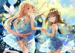  2girls ahoe baloon bird blonde_hair blue_eyes blue_ribbon braid brown_hair dress eyebrows_visible_through_hair fei_miao floating_hair hair_between_eyes hand_holding head_wreath kantai_collection layrered_drss long_hair looking_at_viewer looking_back multiple_girls one_leg_raised red_eyes ribbon shigure_(kantai_collection) short_dress sleeveless sleeveless_dress smile standing standing_on_one_leg strapless strapless_dress thigh-highs very_long_hair white_dress white_legwear yuudachi_(kantai_collection) 