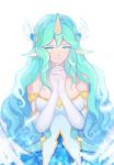  1girl alternate_costume alternate_hair_color alternate_hair_length alternate_hairstyle aqua_hair armlet blue_eyes breasts cleavage elbow_gloves gloves hair_wings hands_together highres horn kiio league_of_legends looking_at_viewer medium_breasts pointy_ears sketch solo soraka star_guardian_soraka white_gloves 