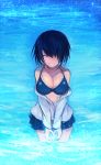  1girl absurdres bare_shoulders bikini_top black_hair breasts cleavage closed_eyes collarbone cowboy_shot hair_over_one_eye happy heart heart_hands highres jacket long_sleeves off_shoulder original parted_lips short_hair skirt smile solo standing swimsuit tarbo_(exxxpiation) wading water 