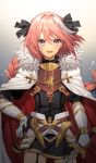 1boy black_ribbon braid cape fang fate/apocrypha fate_(series) fur_trim gambe gradient gradient_background hair_ribbon hand_on_hip highres long_hair looking_at_viewer male_focus open_mouth pink_hair ribbon rider_of_black single_braid smile solo trap violet_eyes 