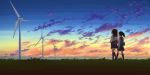  2girls backlighting backpack bag black_hair black_legwear carrying clouds from_behind gradient_sky grass highres kneehighs long_sleeves makuramori multiple_girls original outdoors pleated_skirt ponytail school_bag school_uniform short_hair shoulder_carry skirt sunset sweater_vest walking wind_turbine windmill 