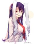  1girl animal_ears bangs between_breasts breasts dated floppy_ears highres kasuka_(kusuki) large_breasts long_hair long_sleeves looking_at_viewer necktie necktie_between_breasts purple_hair rabbit_ears red_eyes red_necktie reisen_udongein_inaba shiny shiny_hair smile solo touhou upper_body white_background 