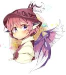  1girl abe_suke animal_ears bangs blush eyebrows_visible_through_hair from_side hair_between_eyes hat highres looking_to_the_side mystia_lorelei pink_hair short_hair signature slit_pupils solo touhou upper_body violet_eyes white_background wings 