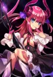  &gt;:) 1girl asymmetrical_horns bangs black_skirt blue_eyes blush boots bow breasts closed_mouth detached_sleeves diamond_(shape) dragon_tail fate/extra fate/extra_ccc fate/grand_order fate_(series) finger_to_mouth frilled_skirt frills hair_bow high-waist_skirt holding horns knee_boots lancer_(fate/extra_ccc) long_hair long_sleeves looking_at_viewer microphone_stand no_bra pink_hair pleated_skirt pointy_ears purple_bow shiny shiny_hair simple_background sitting skirt small_breasts smile solo sorao_(ichhimo) tail white_boots 