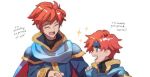  2boys armor blue_eyes cape closed_eyes cosplay eliwood_(fire_emblem) fire_emblem fire_emblem:_fuuin_no_tsurugi fire_emblem:_rekka_no_ken fire_emblem_heroes headband male_focus multiple_boys redhead roy_(fire_emblem) short_hair smile 