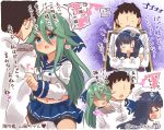  &gt;_&lt; 0_0 1boy 2girls admiral_(kantai_collection) beret cosplay dress green_eyes green_hair hair_flaps hair_ornament hairclip hat highres kantai_collection matsuwa_(kantai_collection) matsuwa_(kantai_collection)_(cosplay) military military_uniform multiple_girls sailor_dress school_uniform serafuku sitting sitting_on_lap sitting_on_person suzuki_toto translation_request uniform yamakaze_(kantai_collection) 