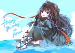  1girl 71pen azami_(kagerou_project) black_ribbon blue_sky character_name chromatic_aberration cloak curly_hair eyelashes hair_ribbon happy_birthday high_ponytail highres kagerou_project leg_ribbon long_hair long_ribbon looking_at_viewer on_water pale_skin red_eyes red_ribbon ribbon scales sitting sky slippers solo very_long_hair wavy_hair 