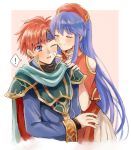  1boy 1girl armor blue_eyes blue_hair blush cape closed_eyes cosplay couple dress eliwood_(fire_emblem) eliwood_(fire_emblem)_(cosplay) fire_emblem fire_emblem:_fuuin_no_tsurugi fire_emblem:_rekka_no_ken fire_emblem_heroes gloves hat hetero lilina long_hair redhead roy_(fire_emblem) short_hair simple_background smile wspread 