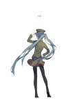  1925_(vocaloid) 1girl adjusting_clothes adjusting_hat arm_up black_legwear brown_skirt copyright_name from_behind full_body hand_on_hip hat hatsune_miku highres legs_apart long_hair long_sleeves looking_at_viewer looking_back pantyhose peaked_cap pleated_skirt simple_background skirt solo song_name spencer_sais standing twintails uniform very_long_hair vocaloid white_background 