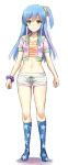  1girl bangs bare_legs blue_hair blush bracelet breasts closed_mouth cropped_jacket full_body highres jewelry light_brown_eyes looking_at_viewer medium_breasts midriff multicolored_hair navel one_side_up orange_shirt pink_jacket shirt short_shorts short_sleeves shorts simple_background smile socks solo standing star star_print streaked_hair striped striped_shirt striped_shorts tonee white_background 