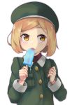  1girl beret blonde_hair blush child coat dark_fuu fate/grand_order fate_(series) food gloves green_coat hat highres licking paul_bunyan_(fate/grand_order) popsicle short_hair smile solo tongue tongue_out upper_body yellow_eyes 
