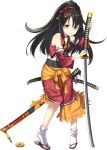  1girl artist_request black_hair detached_sleeves full_body hair_ornament high_ponytail holding holding_sword holding_weapon katana long_hair official_art oshiro_project oshiro_project_re sheath sheathed sword torn_clothes transparent_background unsheathed weapon yagyuu_(oshiro_project) yellow_eyes 
