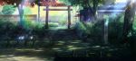  background building commentary_request dappled_sunlight fence grass highres niko_p no_humans original outdoors plant scenery stairs statue sunlight torii tree 