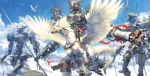  1girl armor blue_sky breastplate dragon epic fantasy feathered_wings flying helmet highres mecha original polearm red_scarf riding scarf sky spear takayama_toshiaki weapon wings 