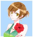  1girl breasts brown_hair cleavage collarbone flower head_tilt hibiscus jewelry medium_breasts meiko nail_polish necklace red_flower red_nails short_hair short_ponytail smile solo sorano_namida upper_body vocaloid yellow_eyes 