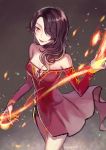  1girl breasts cinder_fall cleavage commentary_request dress ecru fire hair_over_one_eye magic red_dress rwby sleeveless sleeveless_dress solo 