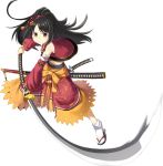  1girl artist_request black_hair detached_sleeves full_body hair_ornament high_ponytail holding holding_sword holding_weapon katana long_hair official_art oshiro_project oshiro_project_re sheath sheathed sword transparent_background unsheathed weapon yagyuu_(oshiro_project) yellow_eyes 