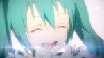 1girl ^_^ anime_coloring aqua_hair bangs closed_eyes eyebrows_visible_through_hair flower hair_between_eyes hatsune_miku highres kieed lens_flare lily_(flower) long_hair open_mouth smile solo tears twintails vocaloid white_flower 