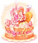  2girls animal_ears arisugawa_himari boots brown_eyes brown_hair cake_hair_ornament cure_custard cure_whip elbow_gloves food food_themed_hair_ornament fruit gloves hair_ornament highres kirakira_precure_a_la_mode long_hair looking_at_viewer magical_girl multiple_girls pekorin_(precure) piano_(mymel0v) pink_boots pink_eyes pink_hair precure rabbit_ears sitting smile squirrel_ears squirrel_tail strawberry strawberry_shortcake tail twintails usami_ichika v white_gloves 