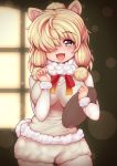  1girl alpaca_ears alpaca_suri_(kemono_friends) blonde_hair eye_reflection eyebrows_visible_through_hair fur_collar fur_trim hair_over_one_eye hair_tie highres indoors kemono_friends long_sleeves looking_at_viewer multicolored multicolored_ribbon open_mouth pantyhose ponpo reflection ribbon short_hair shorts violet_eyes white_legwear white_shorts window 