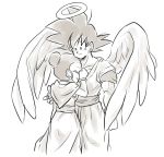  1boy 1girl black_eyes black_hair bracelet chi-chi_(dragon_ball) chinese_clothes closed_eyes couple crying dougi dragon_ball dragonball_z frown greyscale halo jewelry looking_at_another monochrome simple_background smile son_gokuu tears tied_hair tkgsize white_background wings 