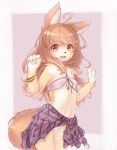 1girl :3 ahoge animal_ears bikini brown_hair commentary_request cowboy_shot dog_ears dog_tail erect_nipples fang flat_chest furry fuu_(frol) highres kohaku_(fuu) long_hair looking_at_viewer o-ring_top open_mouth original red_eyes sarong smile solo swimsuit tail 