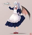  1girl alternate_costume apron bow braid commentary_request cup dress dress_lift enmaided full_body grey_hair hair_bow kitano_(kitanosnowwhite) lifted_by_self maid maid_headdress one_side_up pointy_ears red_bow red_eyes remilia_scarlet side_braid simple_background solo spilling spoon standing sugar_cube tea teacup teapot touhou tray 