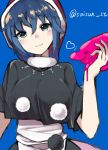  1girl bangs blue_background blue_eyes blue_hair blush breasts closed_mouth doremy_sweet eyebrows_visible_through_hair hair_between_eyes hat highres holding large_breasts looking_at_viewer nightcap pom_pom_(clothes) sakaki_(utigi) short_hair simple_background solo touhou twitter_username upper_body 