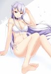  1girl alternate_costume azur_lane bare_arms bare_legs bare_shoulders barefoot belfast_(azur_lane) bikini blue_eyes breasts cleavage collarbone commentary_request devil_fish feet front-tie_top large_breasts legs long_hair looking_at_viewer mouth_hold navel pov_feet purple_hair side-tie_bikini sitting soles solo swimsuit toes white_bikini 