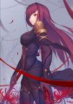  1girl bangs bare_tree bodysuit closed_mouth cowboy_shot eyebrows_visible_through_hair fate/grand_order fate_(series) flower fog from_side highres langya_beike long_hair looking_at_viewer outdoors pauldrons petals purple_bodysuit purple_hair red_eyes red_flower scathach_(fate/grand_order) sidelocks solo spider_lily standing thighs tree 