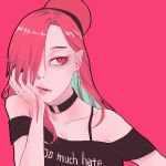  1girl bare_shoulders black_shirt clothes_writing collar ear_piercing hair_over_one_eye hecatia_lapislazuli long_hair off-shoulder_shirt piercing pointy_ears red_background red_eyes redhead sharp_teeth shirt simple_background slit_pupils solo t-shirt teeth touhou upper_body zaonyan 