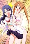  2girls :d absurdres aho_girl black_hair black_skirt blush bra breasts brown_eyes brown_hair cleavage collarbone cowboy_shot embarrassed eyebrows_visible_through_hair fuuki_iinchou_(aho_girl) green_bra hair_ornament hanabatake_yoshiko highres katou_hiromasa long_hair medium_breasts midriff miniskirt multiple_girls navel open_clothes open_mouth open_shirt panties pink_bra pink_panties red_eyes shirt short_sleeves skirt skirt_lift smile standing stomach twintails underwear underwear_only very_long_hair white_shirt 