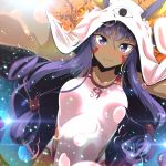  1girl animal_ears breasts dark_skin facial_mark fate/grand_order fate_(series) highres long_hair looking_at_viewer medium_breasts nitocris_(fate/grand_order) nitocris_(swimsuit_assassin)_(fate) one-piece_swimsuit purple_hair solo swimsuit tom_(drpow) very_long_hair violet_eyes 
