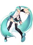  1girl absurdres aqua_eyes aqua_hair aqua_nails aqua_necktie aqua_neckwear armpits black_boots black_footwear black_skirt boots female full_body green_eyes green_hair hair_between_eyes hatsune_miku headset highres holding holding_microphone holding_object long_hair looking_at_viewer looking_back microphone nail_polish necktie open_mouth outstretched_arm outstretched_hand pleated_skirt scan simple_background skirt sleeveless sleeveless_shirt smile solo tanaka_takayuki thigh-highs thigh_boots twintails two-tone_footwear two-tone_skirt very_long_hair vocaloid white_background zettai_ryouiki 