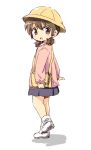  00tea 1girl brown_eyes brown_hair child hat looking_at_viewer looking_back short_hair simple_background skirt solo white_background 