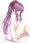  1girl bangs bare_legs bed_sheet blue_eyes blush brown_ribbon collared_shirt commentary_request dress_shirt eyebrows_visible_through_hair from_side hair_ribbon hand_on_own_chest highres long_hair looking_at_viewer looking_back naked_shirt new_game! ponytail purple_hair ribbon shirt sidelocks sitting sleeves_past_wrists solo takimoto_hifumi thighs tomifumi wavy_hair white_shirt 